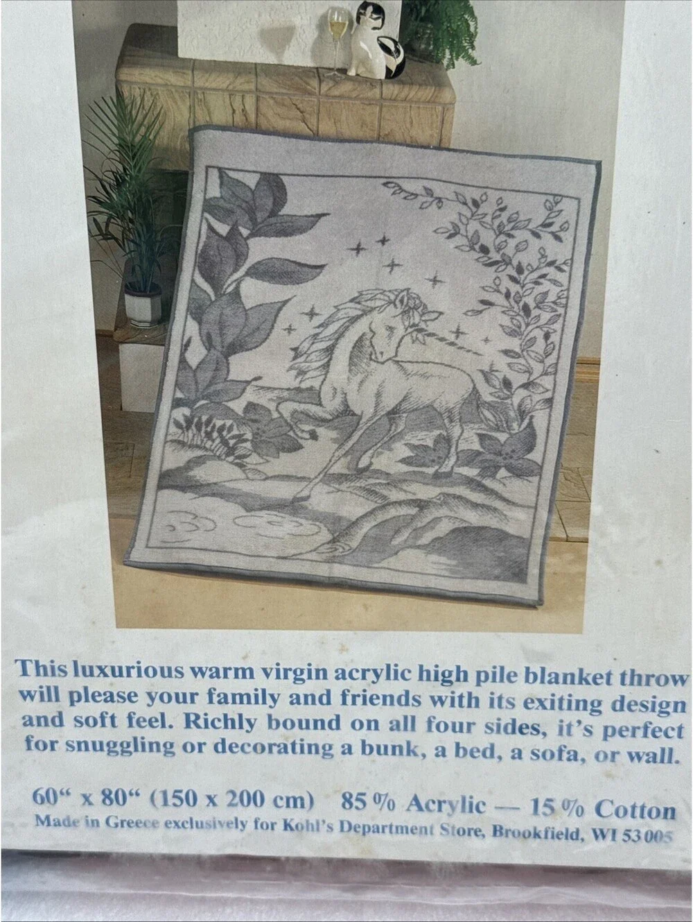 Vintage Reygers High Pile Blanket 60x80” Unicorn Scene Gray Made In Greece *READ